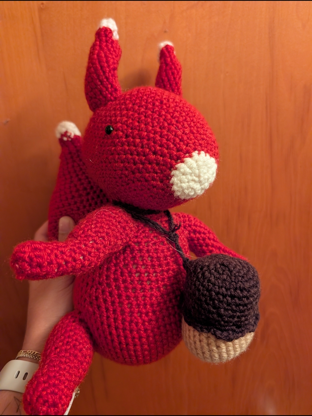 Handmade Red Crochet Squirrel with Acorn Bag